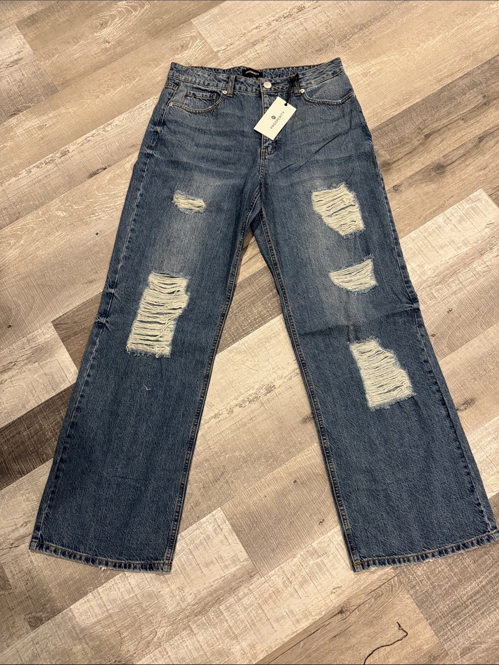 NWT Women’s Prosperity Distressed Blue Denim Wide Leg Jeans